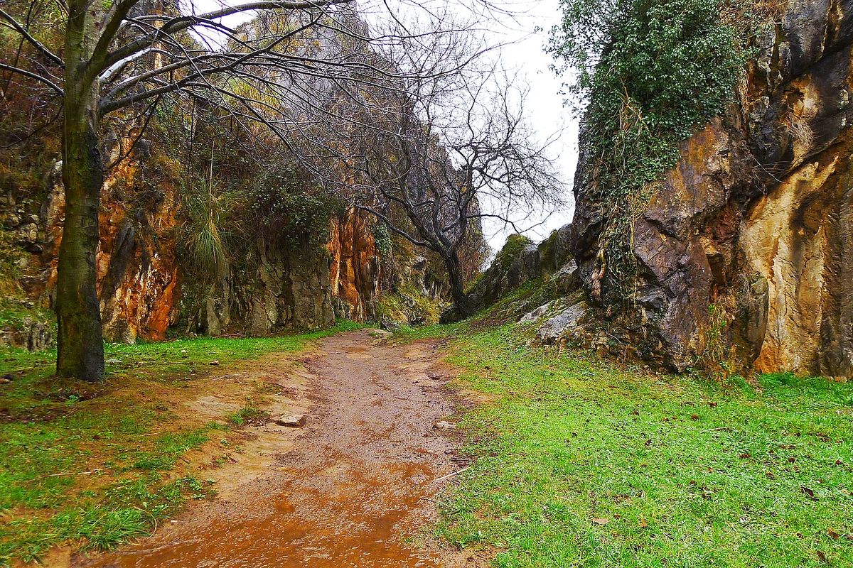 El paisaje kárstico de la antigua mina, visto desde la carretera interior